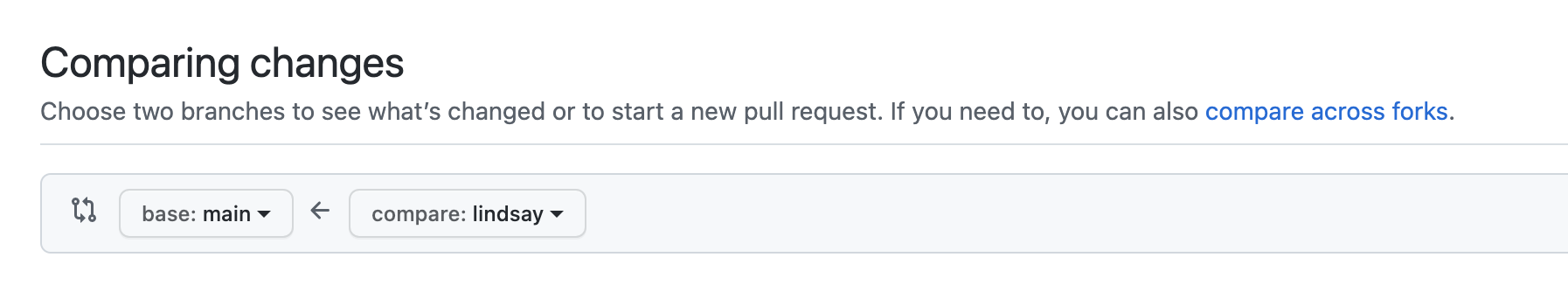 This shows how you should select branches when creating a pull request.